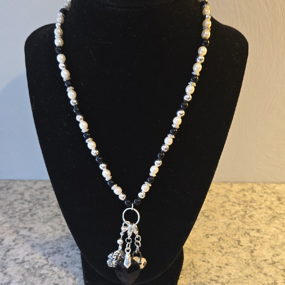 White and Black Pearl With Silver accents and removal Charm Necklace